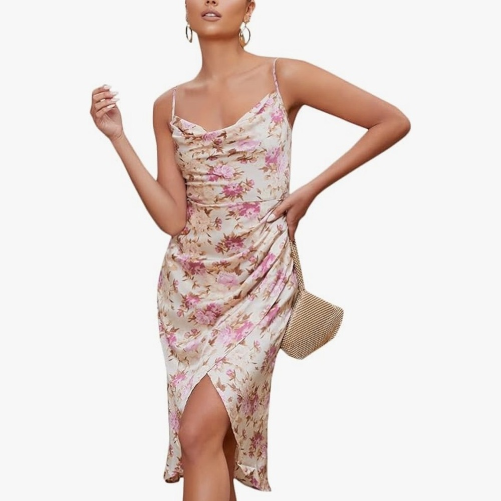 Floerns Women's Floral Print Cowl Neck Ruched Sleeveless Satin Slit Party Dress